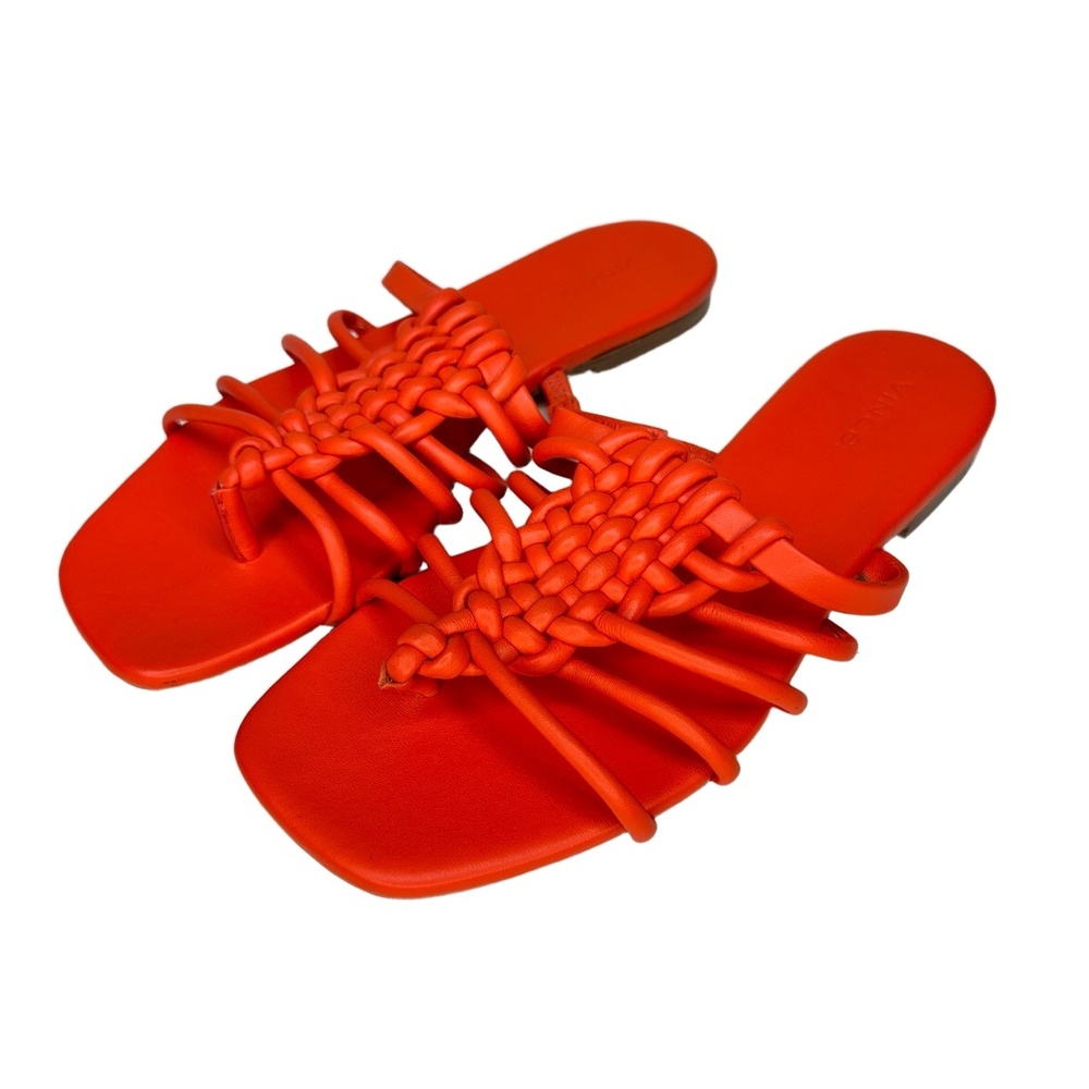 Vince Women Orange Leather Dae Woven‎ Flat Slide Sandals Square Toe Size 7 M